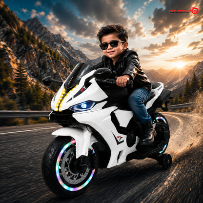 FunWheels FWB-02 Kids Electric Ride-On Sports Bike with RGB Wheel Lights & LED Headlights | Rechargeable Battery Operated Bike with Training Wheels | for Boys & Girls (Neon Green)