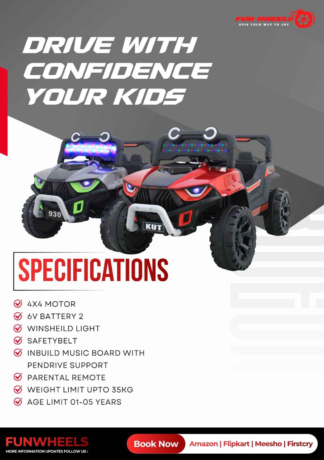 Fun Wheels FWJ-13 KUT Kids Electric Ride-On Car, LED Lights, Off-Road Wheels Jeep