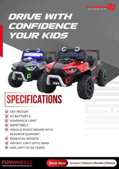 Fun Wheels FWJ-13 KUT Kids Electric Ride-On Car, LED Lights, Off-Road Wheels Jeep