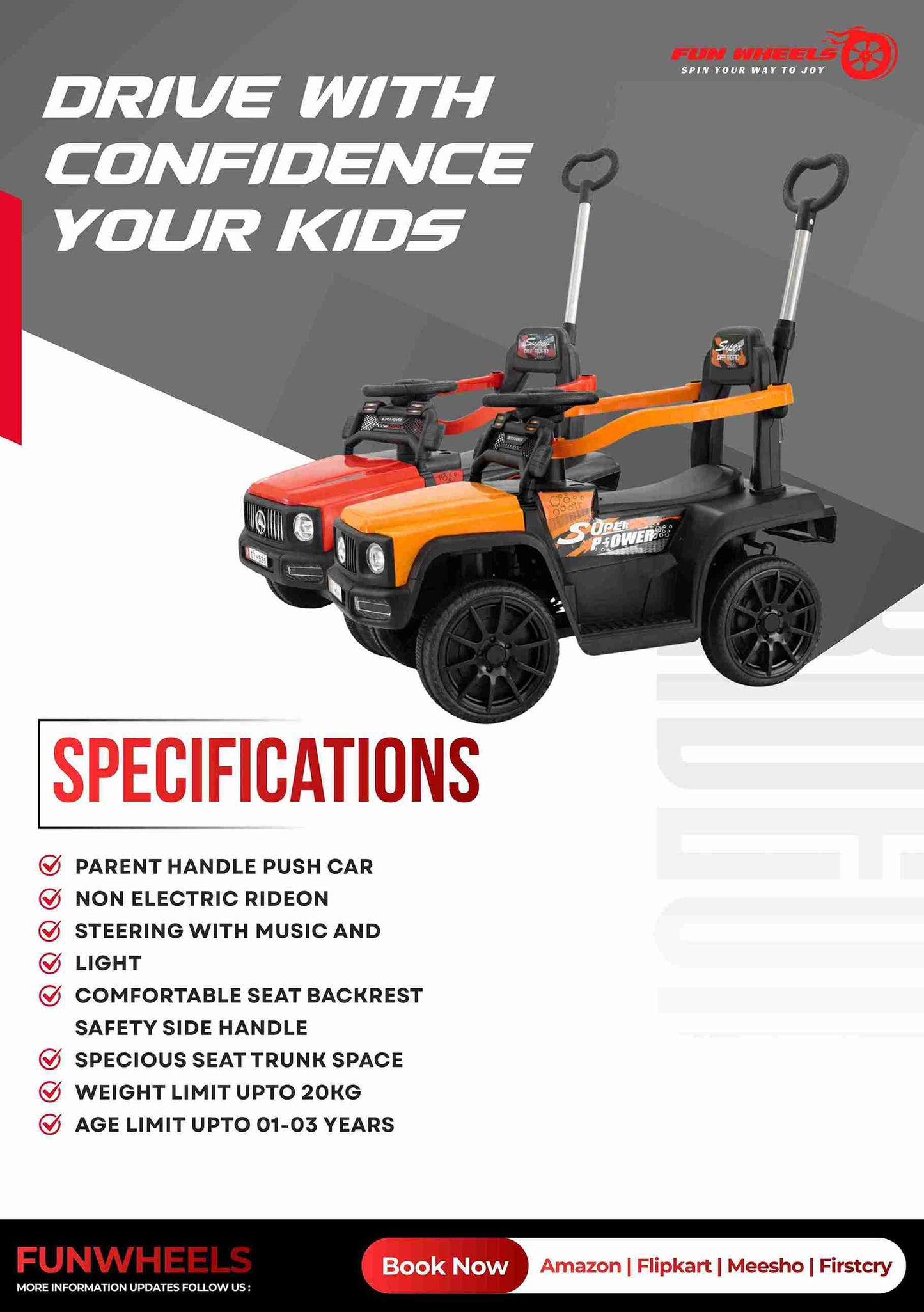 Fun Wheels FWPC-01 Kids Manual Ride On Push Car with Parent Handle, Music & Lights-Red