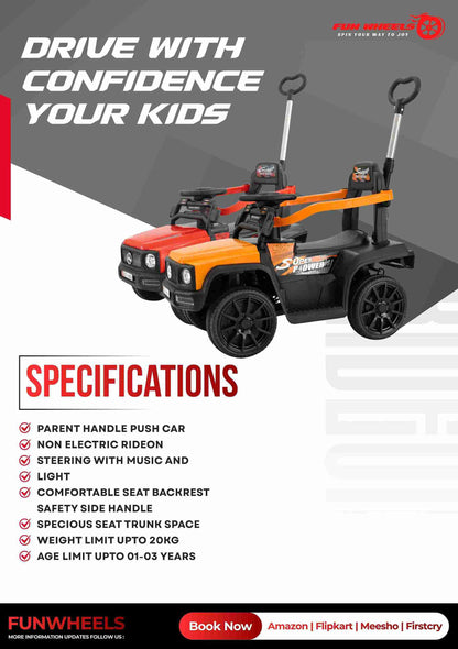 Fun Wheels FWPC-01 Kids Manual Ride On Push Car with Parent Handle, Music & Lights-Red