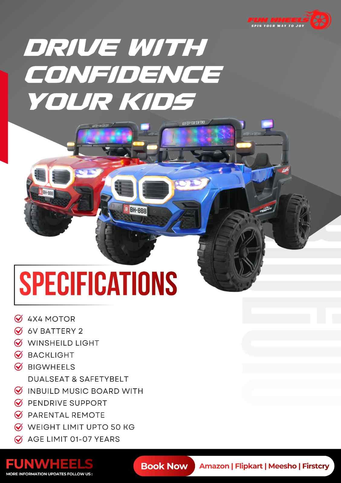 Fun Wheels FWJ-16 Kids Electric Ride On Jeep 4x4 with LED Lights & Music |Kids Battery Car Jeep