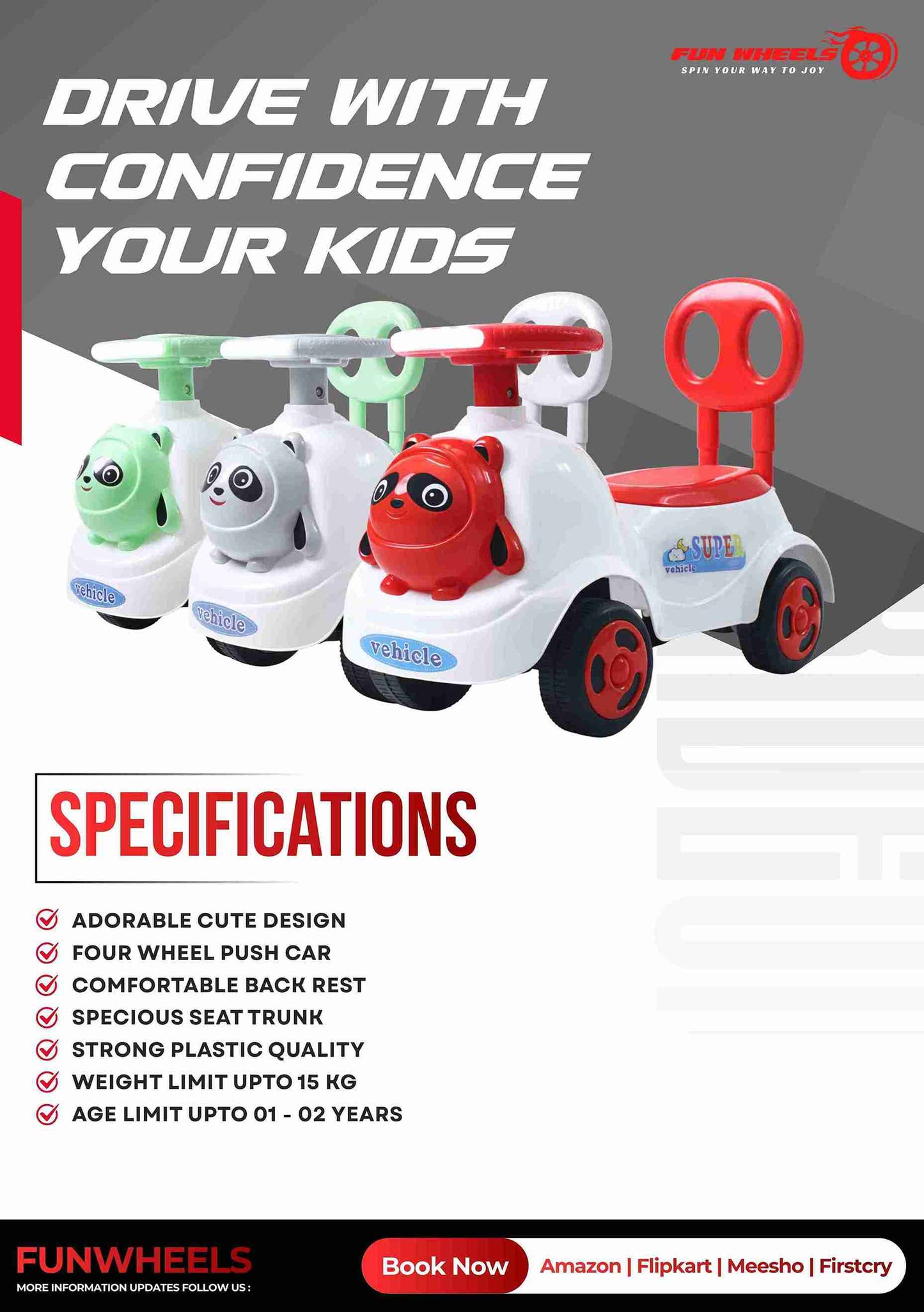 Fun Wheels FWPC-04 Kids Ride-On Panda Scooter & Push Car – Musical Walker with Safety Backrest