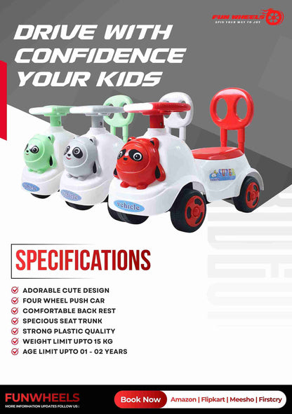 Fun Wheels FWPC-04 Kids Ride-On Panda Scooter & Push Car – Musical Walker with Safety Backrest