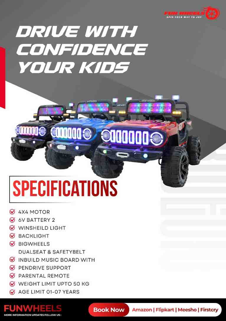 Fun Wheels FWJ-12 Battery Operated 4x4 Kids Jeep with RGB LED & Big Wheel Electric Jeep