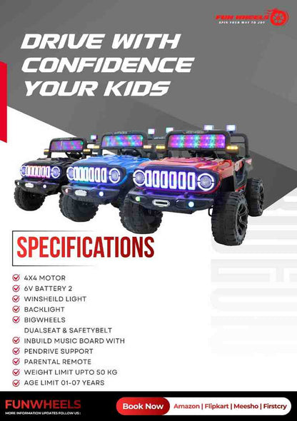Fun Wheels FWJ-12 Battery Operated 4x4 Kids Jeep with RGB LED & Big Wheel Electric Jeep