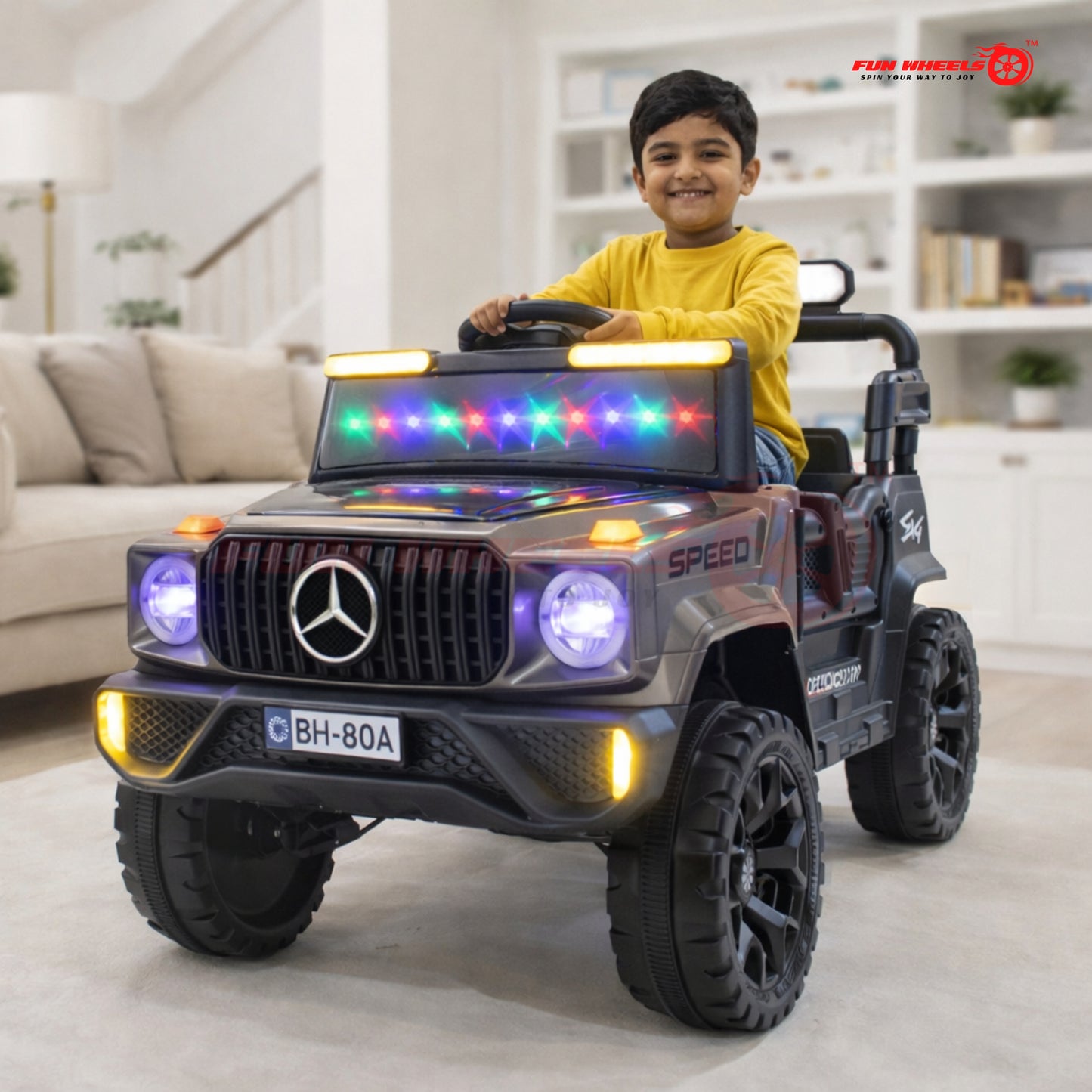 Fun Wheels FWJ-11 Offroad King BH-Kids Electric 4x4 Jeep with RGB Lights & Big Wheels
