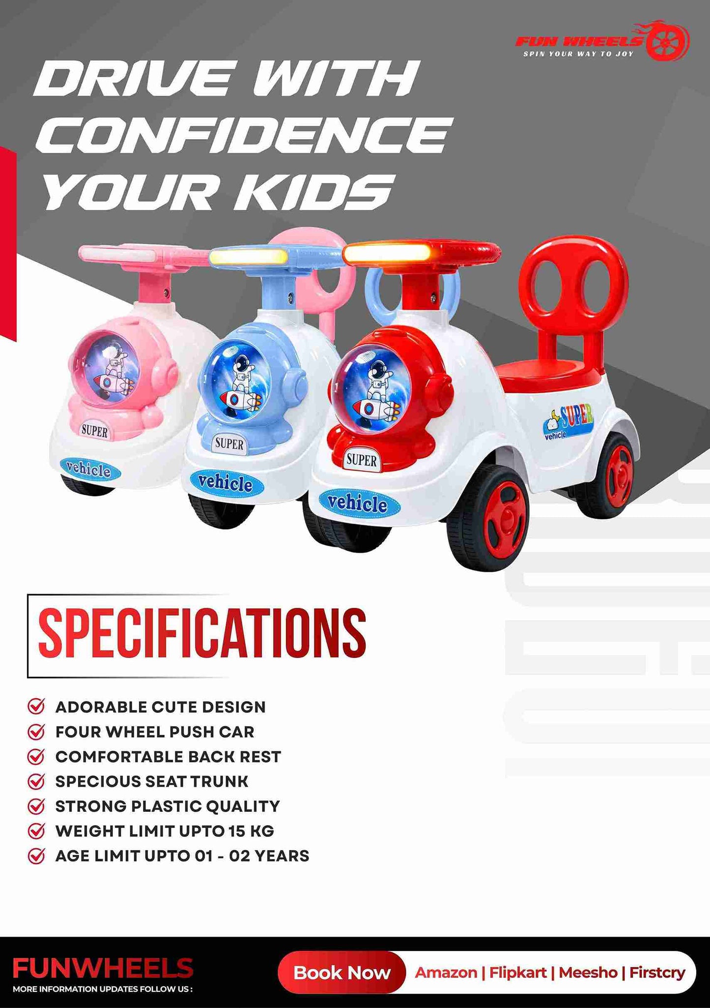Fun Wheels FWPC-06 Astronaut Theme Kids Ride-On Push Car with Light & Music for Toddlers