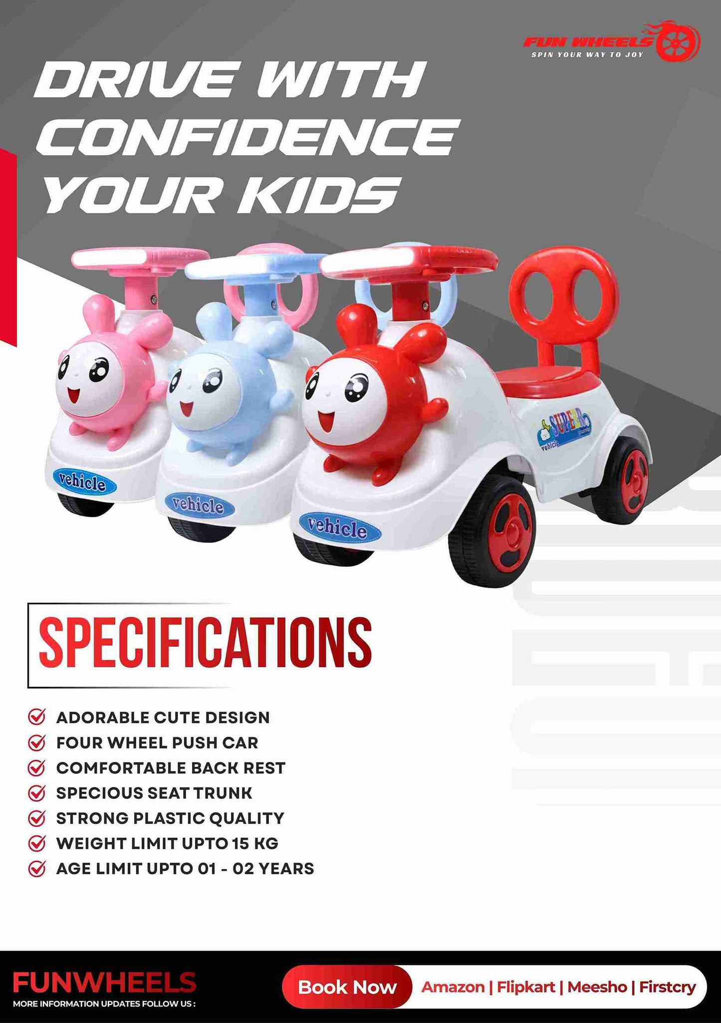 Fun Wheels FWPC-07 Cute Bunny Theme Kids Ride-On Push Car with Steering Handle for Toddlers