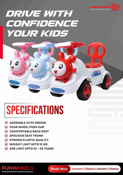 Fun Wheels FWPC-07 Cute Bunny Theme Kids Ride-On Push Car with Steering Handle for Toddlers