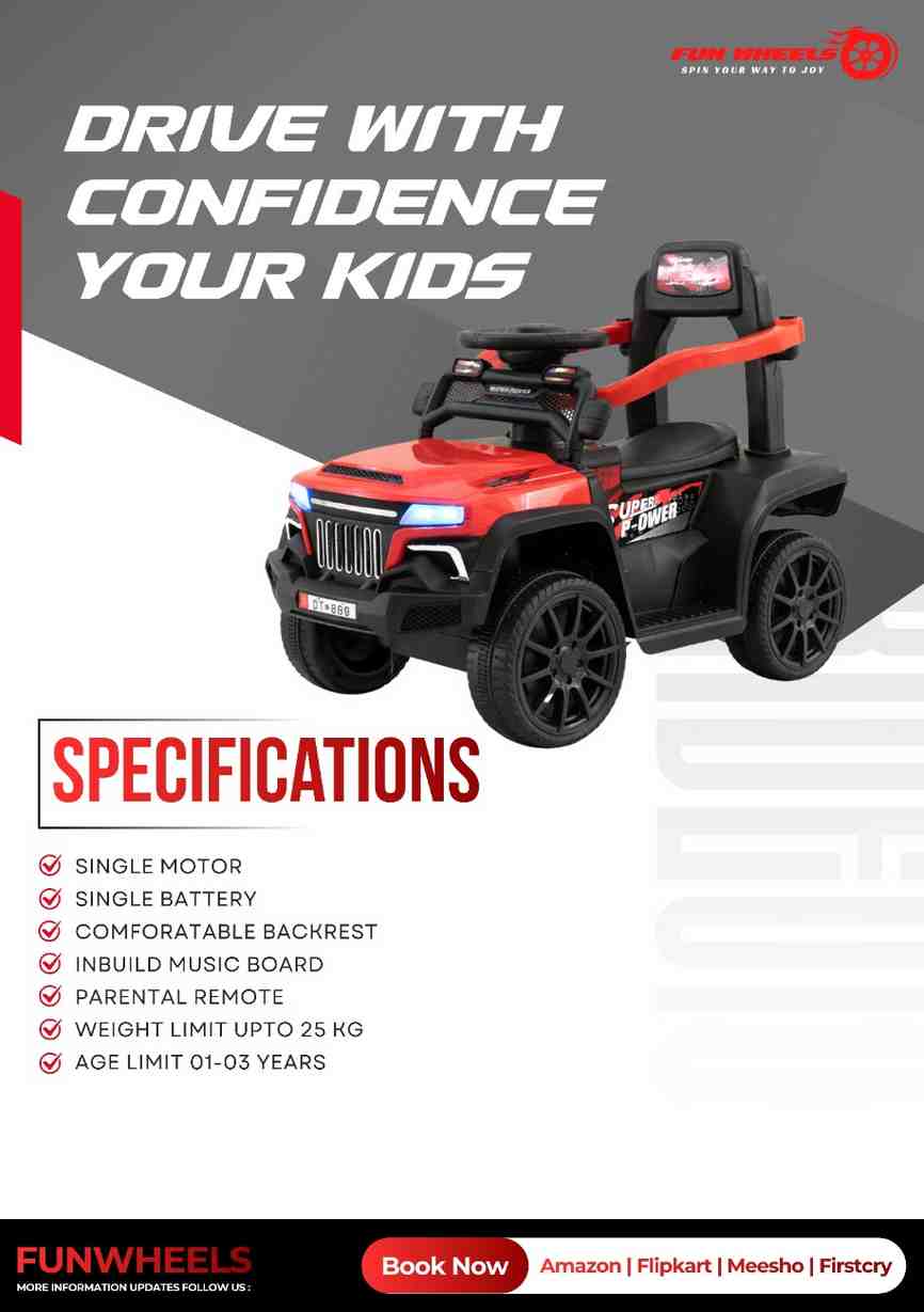Fun Wheels FWJ-08 Kids Battery Operated Ride-On Jeep Car with LED Lights
