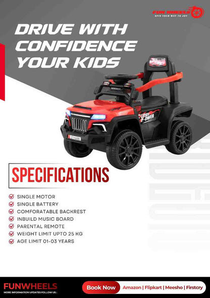Fun Wheels FWJ-08 Kids Battery Operated Ride-On Jeep Car with LED Lights
