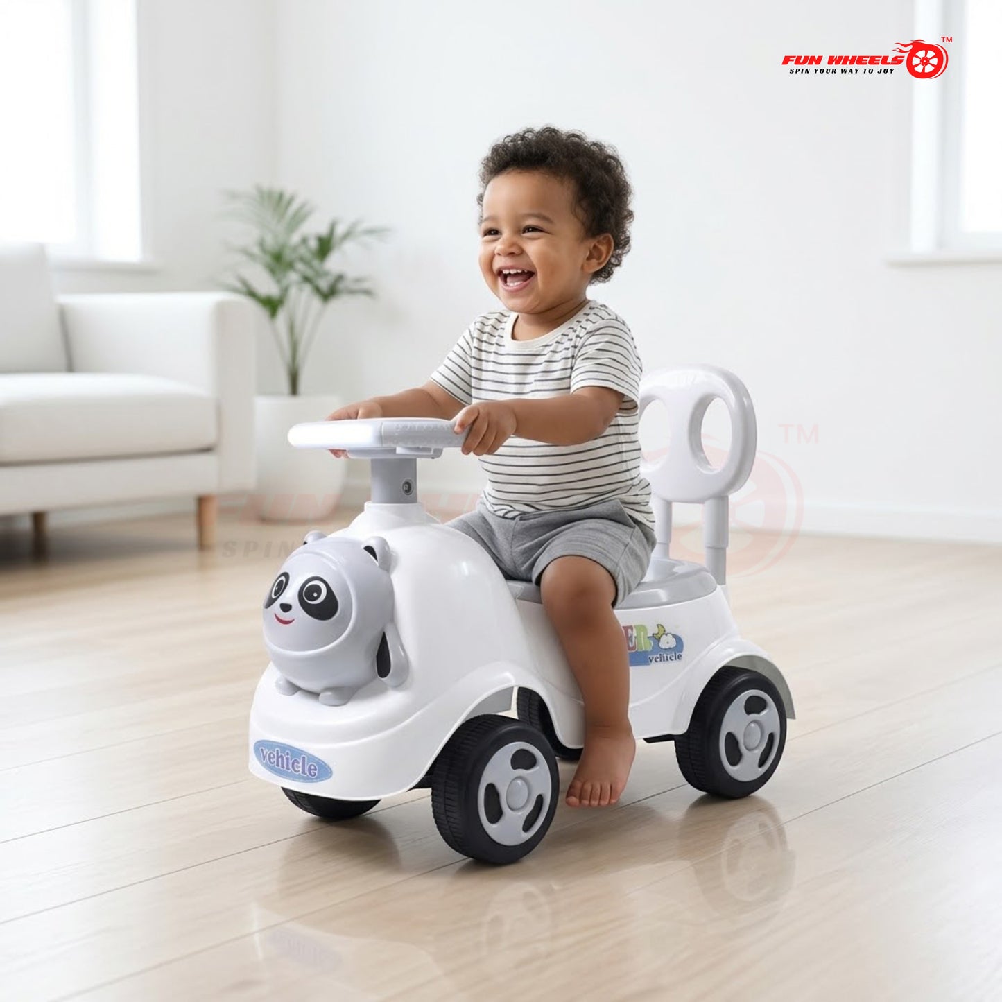 Fun Wheels FWPC-04 Kids Ride-On Panda Scooter & Push Car – Musical Walker with Safety Backrest
