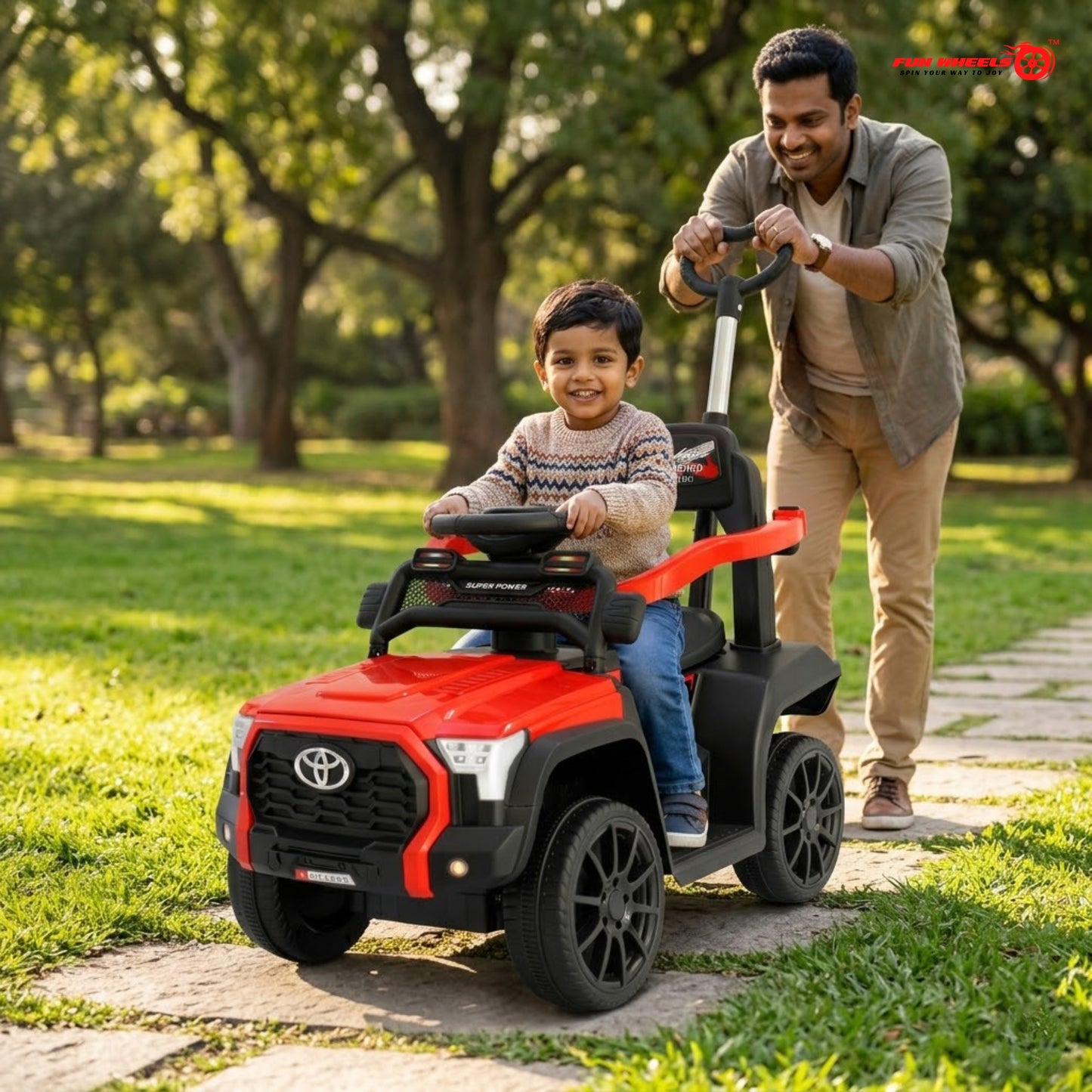 Fun Wheels FWPC-01 Kids Manual Ride On Push Car with Parent Handle, Music & Lights-Red