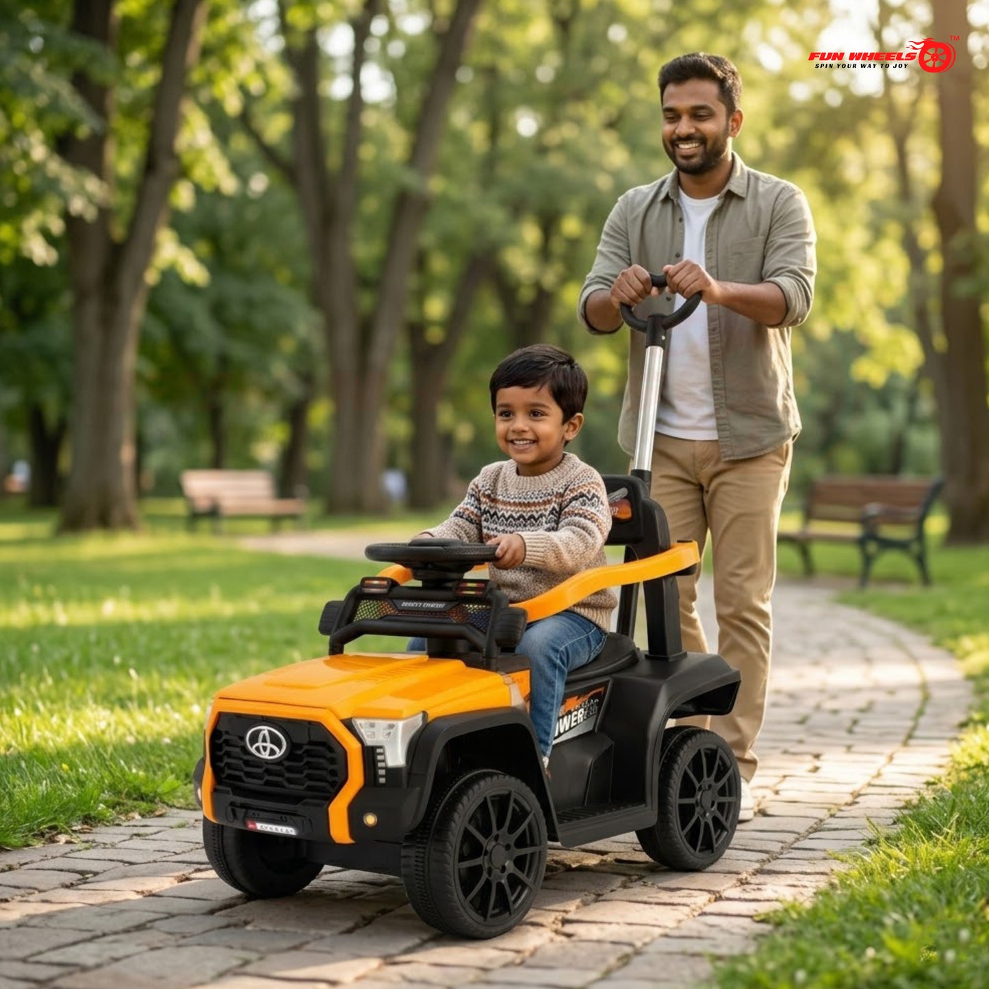 Fun Wheels FWPC-01 Kids Manual Ride On Push Car with Parent Handle, Music & Lights-Red